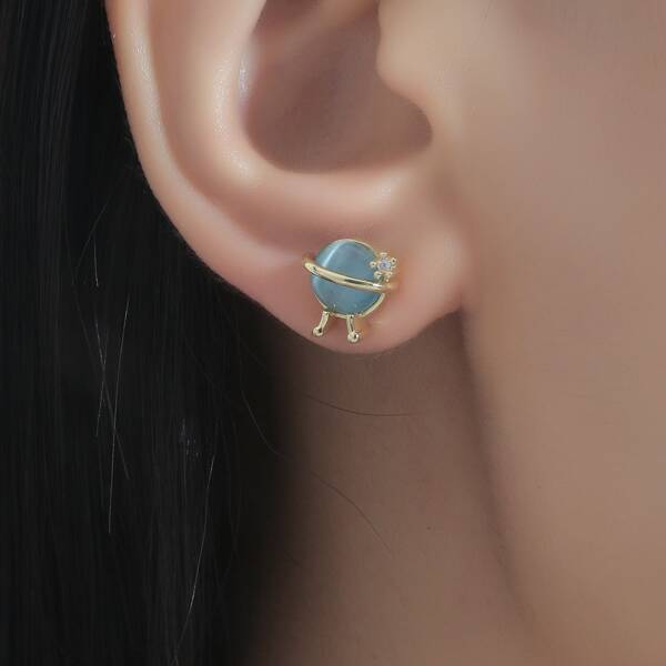 

18K Gold Plated Zircon Decor Stud Earrings, Blue