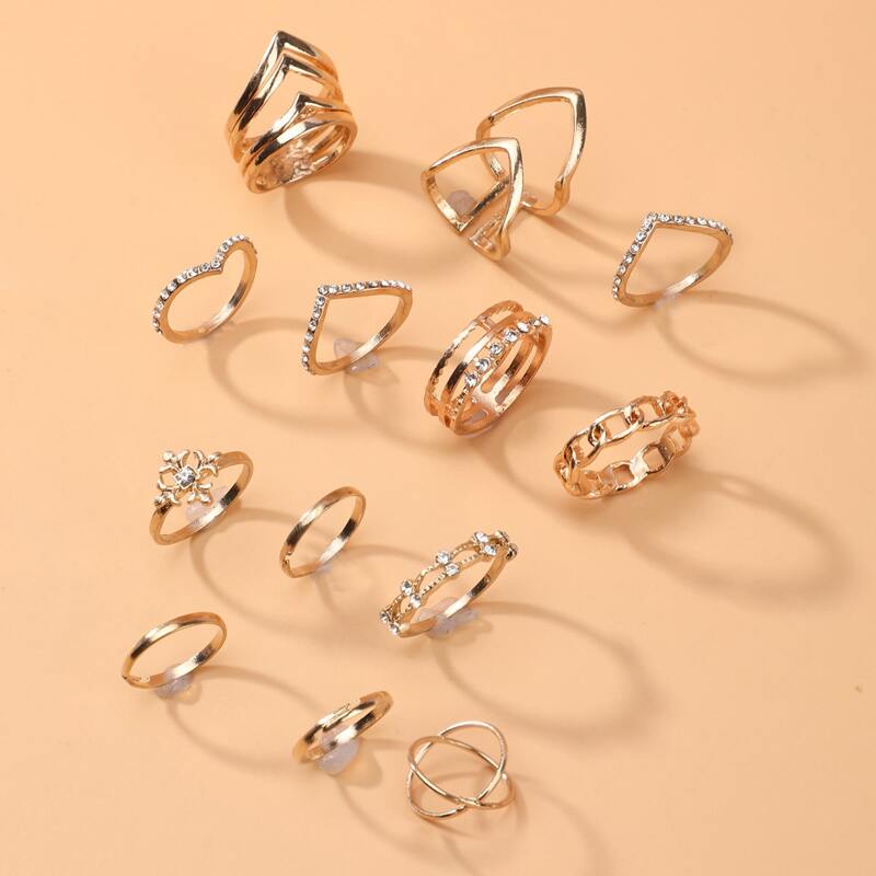 

13pcs Rhinestone Decor Ring, Gold