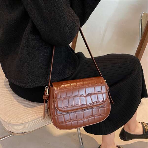 

Croc Embossed Flap Saddle Bag, Coffee brown
