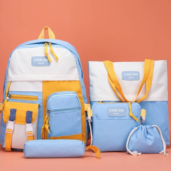 

5pcs Kids Colorblock School Bag Set, Blue