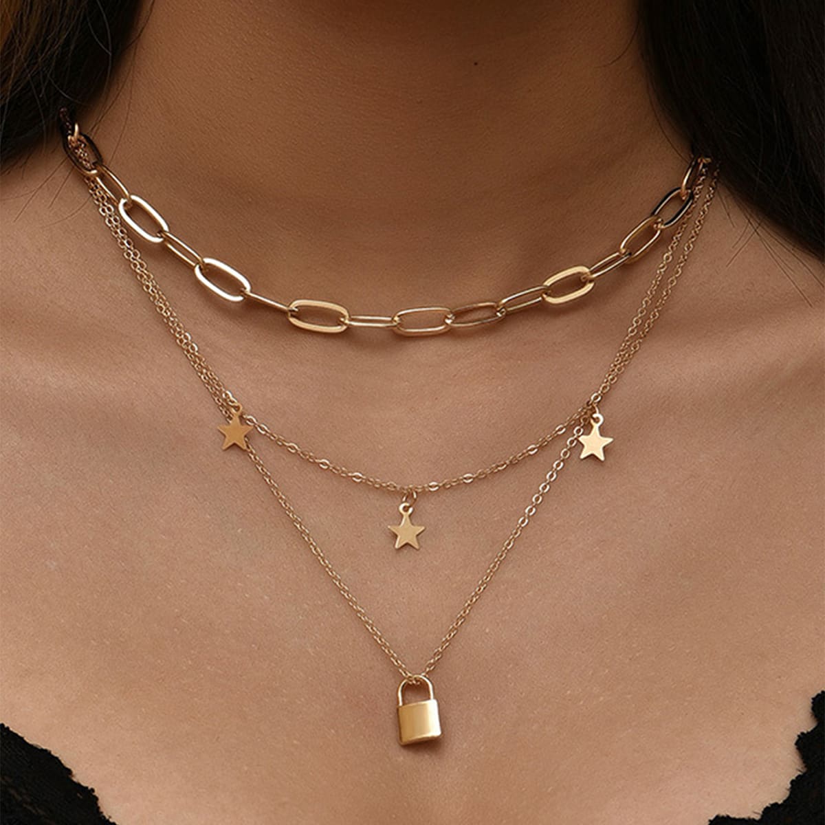 

Star & Lock Layered Necklace, Gold