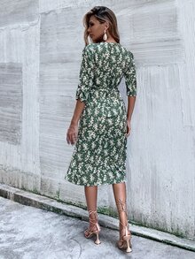 Đầm Trọn gói Tách cao Họa tiết hoa Boho - màu xanh lá - Xem 2