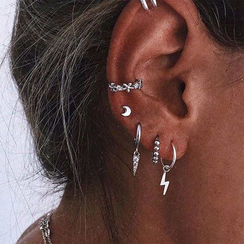 

6pcs Lightning & Moon Earrings, Silver