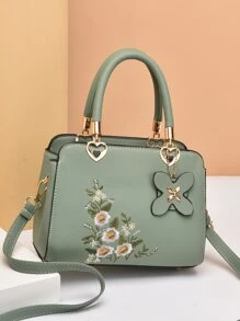 Bolso cartera con bordado floral - Verde - Ver 1