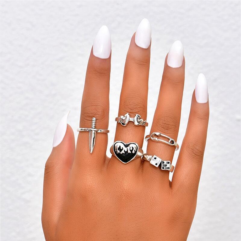 

5pcs Dice & Heart Ring, Silver