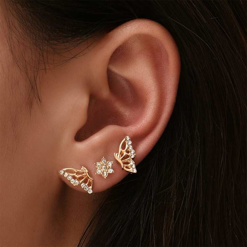 

3pcs Butterfly Stud Earrings, Gold