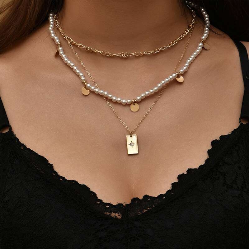 

Disc & Rhinestone Layered Necklace, Gold