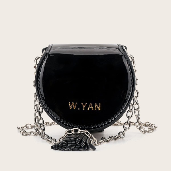 

Mini Girls Letter Graphic Tassel Decor Chain Novelty Bag, Black