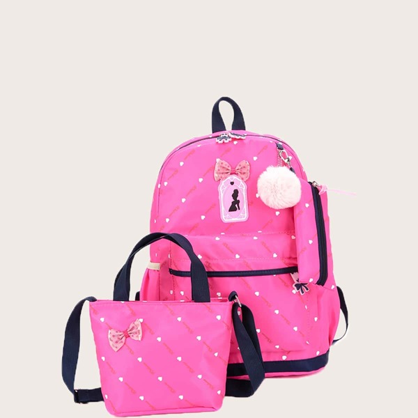 

3pcs Girls Polka Dot Pattern Pom-Pom Decor Backpack Set, Hot pink
