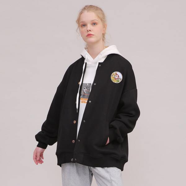 

Patched Detail Oversized Bomber Jacket, Black