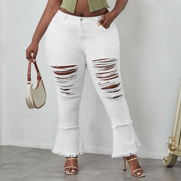 

Plus Ripped Raw Trim Flare Hem Jeans, White