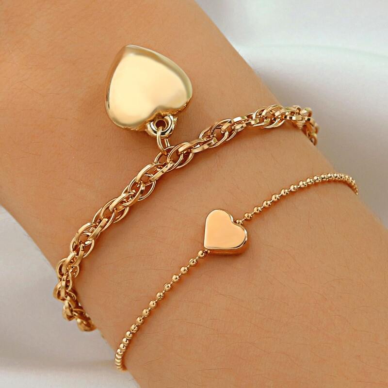 

2pcs Heart Detail Bracelet, Gold