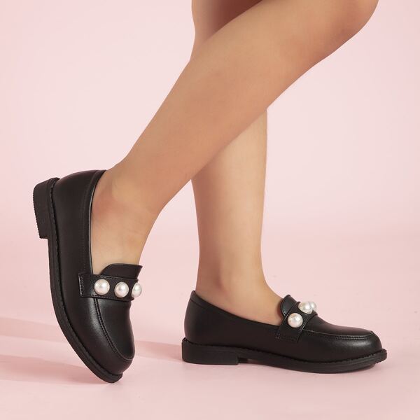 

Girls Faux Pearl Decor Loafers, Black