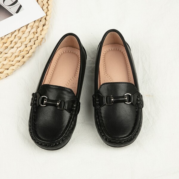 

Girls Metal Decor Stitch Detail Loafers, Black