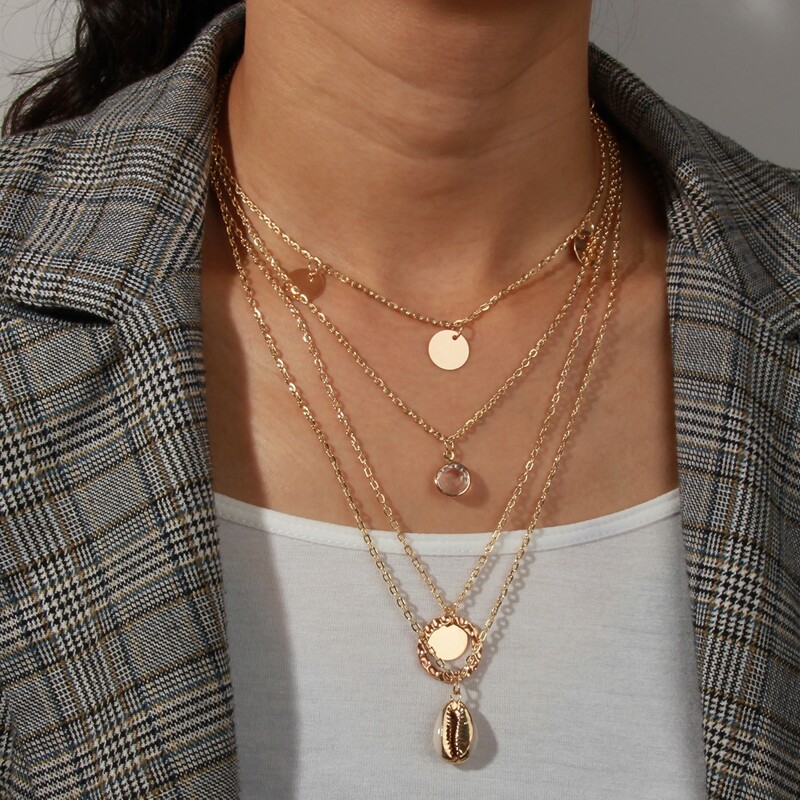 

Disc & Shell Layered Necklace, Gold