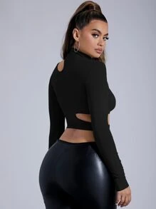 SHEIN SXY 立領镂空短款 T 恤 - 黑色 - 查看 2