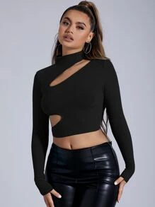 SHEIN SXY 立領镂空短款 T 恤 - 黑色 - 查看 4