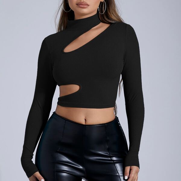 

Stand Collar Cutout Crop Tee, Black