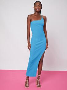 SHEIN Đầm Hội Chữ thập Cắt ra Gân đan Tách cao màu trơn Gợi cảm - Màu xanh lam - Xem 1