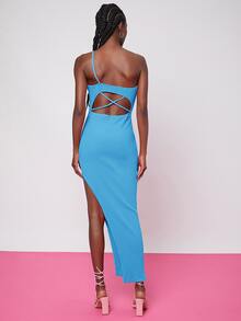 SHEIN Đầm Hội Chữ thập Cắt ra Gân đan Tách cao màu trơn Gợi cảm - Màu xanh lam - Xem 2