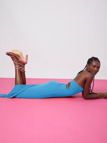 SHEIN Đầm Hội Chữ thập Cắt ra Gân đan Tách cao màu trơn Gợi cảm - Màu xanh lam - Xem 3