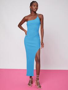 SHEIN Đầm Hội Chữ thập Cắt ra Gân đan Tách cao màu trơn Gợi cảm - Màu xanh lam - Xem 4