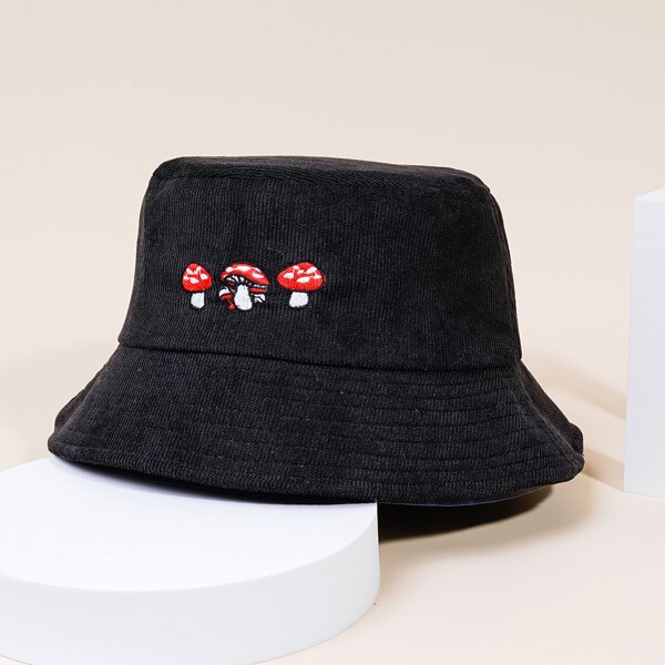 

Mushroom Embroidered Bucket Hat, Black