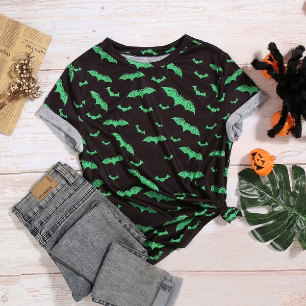 

Plus Bat Print Crew Neck Tee, Multicolor