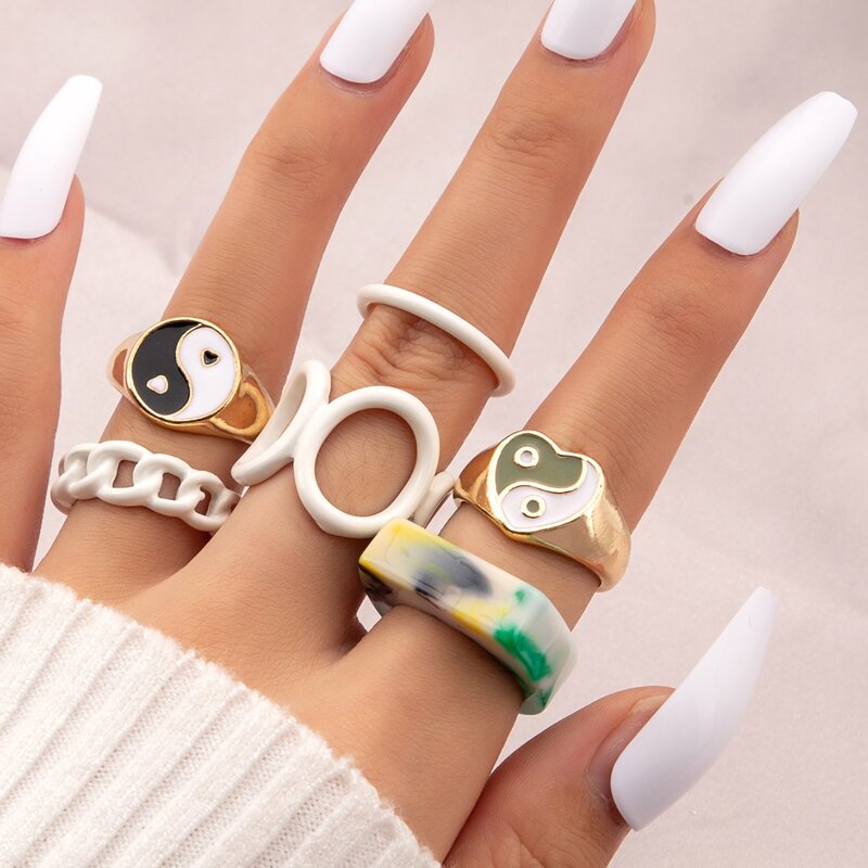 

6pcs Yin & Yang Graphic Ring, Multicolor