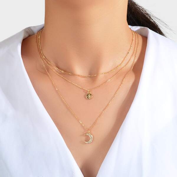 

Rhinestone Moon Charm Layered Necklace, Gold