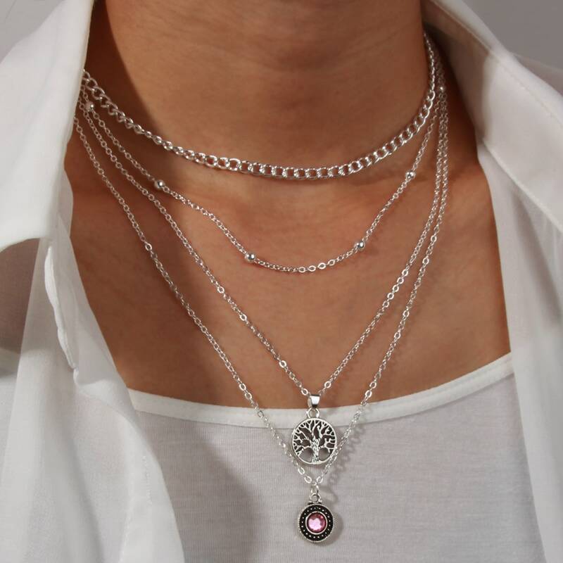 

Tree & Rhinestone Layered Necklace, Silver