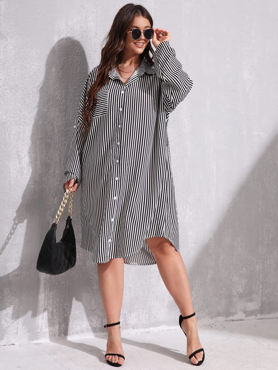 SHEIN Clasi 大碼條紋圖案口袋細節前排扣襯衫洋裝 - 黑與白 - 查看 1