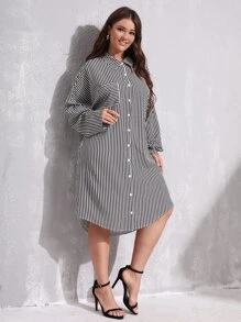 SHEIN Clasi 大碼條紋圖案口袋細節前排扣襯衫洋裝 - 黑與白 - 查看 4