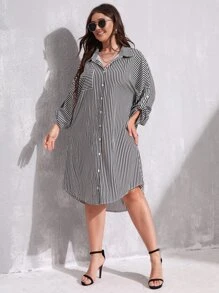 SHEIN Clasi 大碼條紋圖案口袋細節前排扣襯衫洋裝 - 黑與白 - 查看 5