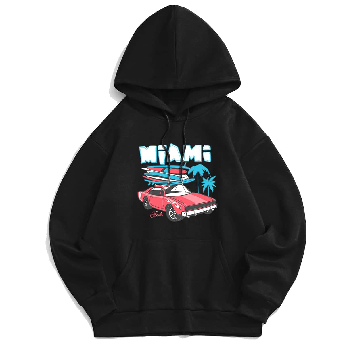 

Guys Letter Car Graphic Kangaroo Pocket Drawstring Hoodie, Black
