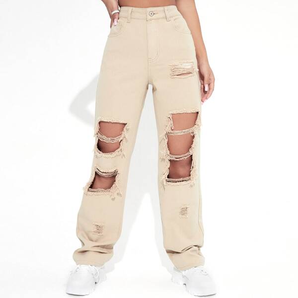 

Light Wash Destroyed Detail Boyfriend Jeans, Apricot