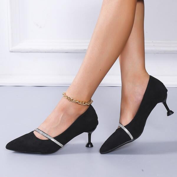 

Rhinestone Decor Pyramid Court Pumps, Black