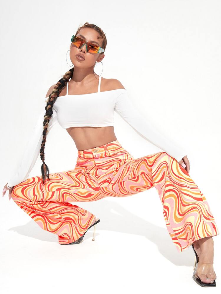 Marble Print High Waist Wide Leg Jeans