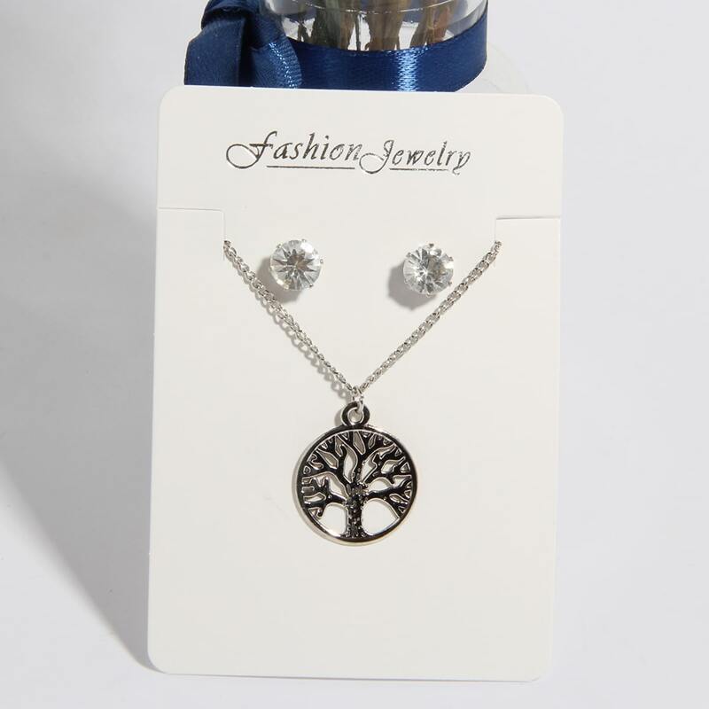 

1pair Rhinestone Stud Earrings & 1pc Tree Pendant Necklace, Silver