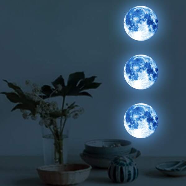 

3pcs Moon Pattern Luminous Wall Sticker, Blue