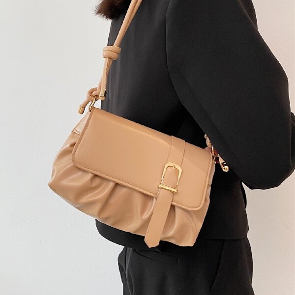 

Buckle Detail Flap Ruched Bag, Khaki