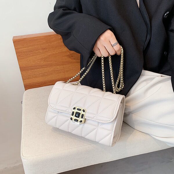 

Metal Decor Quilted Flap Square Bag, White