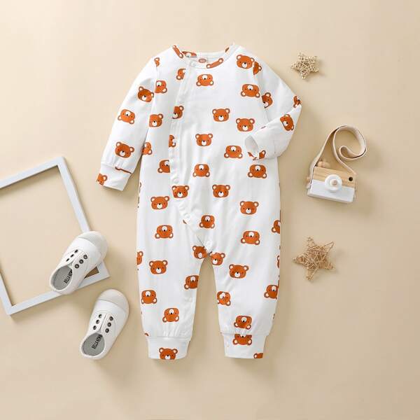 

Baby Cartoon Bear Graphic Jumpsuit, White