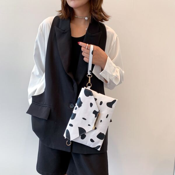 

Cow Print Clutch Bag, Black and white
