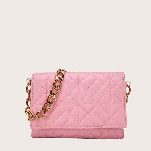 

Quilted Embossed Flap Chain Bag, Pink