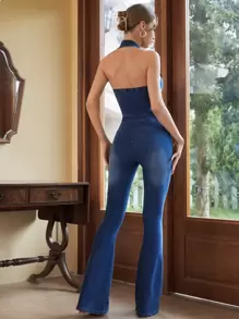 繞頸拉鏈開襟露背牛仔連身褲 - 深色水洗藍 - 查看 2