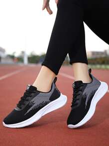 女士黑色針織繫帶公路跑鞋，拼佈設計，裝飾鞋帶 - 黑色 - 查看 1