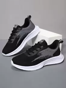 女士黑色針織繫帶公路跑鞋，拼佈設計，裝飾鞋帶 - 黑色 - 查看 2