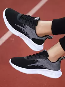 女士黑色針織繫帶公路跑鞋，拼佈設計，裝飾鞋帶 - 黑色 - 查看 4