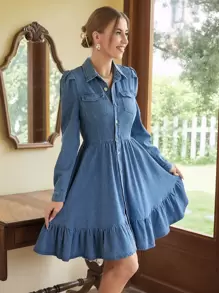 Vestido mezclilla con botón bajo con fruncido - Azul lavado medio - Ver 1